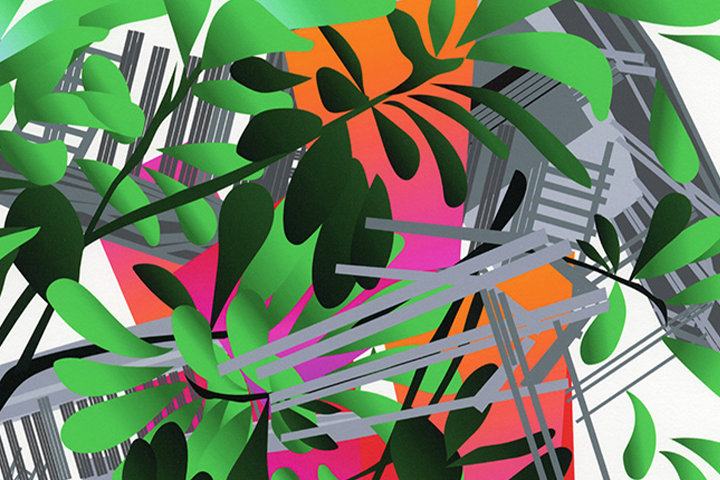 Remixed imagery of extinct plants and eco-friendly homes